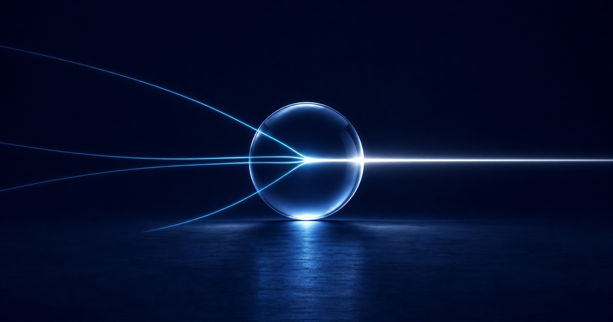 Converging blue light paths passing through a glass sphere into one clear beam