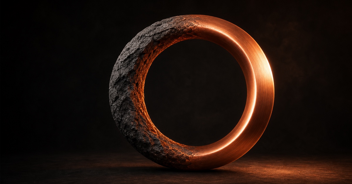 Circular sculpture transitioning from rough black stone to polished copper