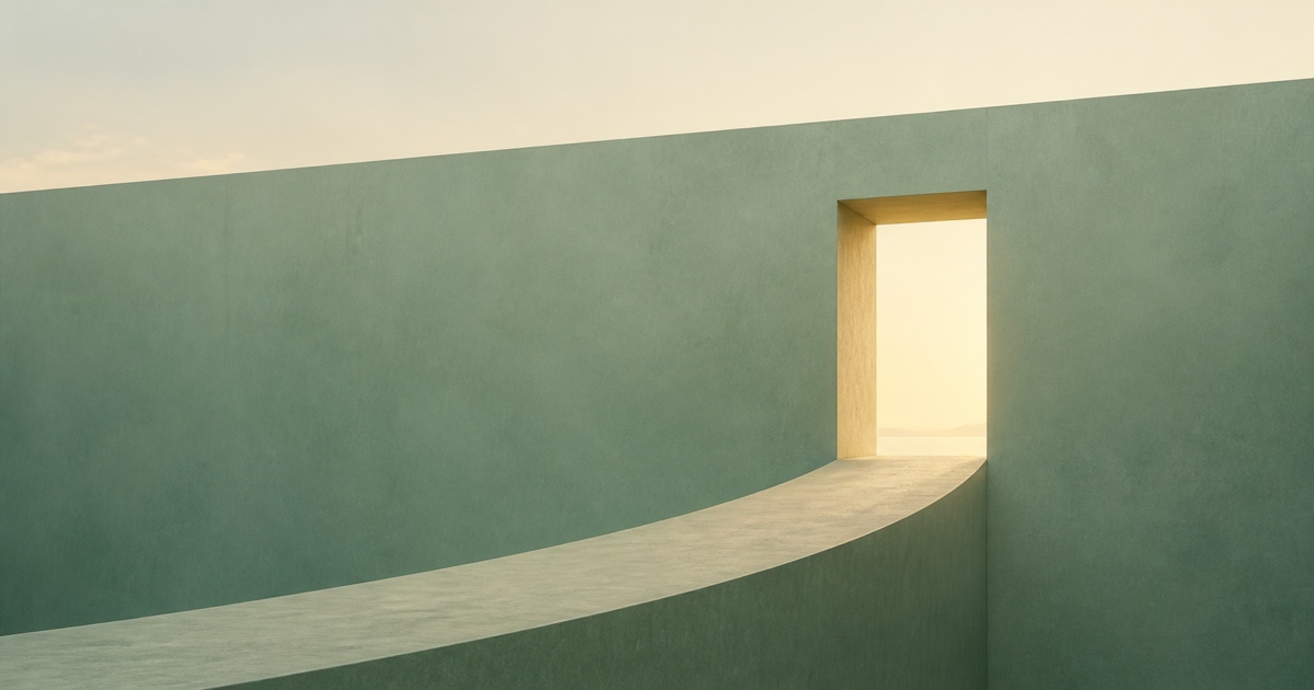 Sage architectural passage leading toward a sunlit opening